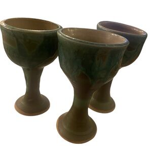 A Set of 3 Stunning Handcrafted Art Pottery Goblets Amazing Drip Glaze
